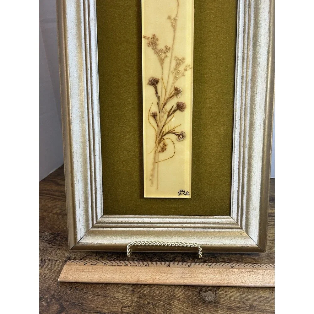 Vintage Pressed Floral Resin Wall Art Plaque Signed Boho Decor 16.5x9.5 Panel